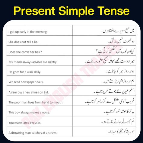 روز بول چال میں استعمال ہونے والے انگلش کی اہم فقرات
Present Indefinite Tense - daily use English to Urdu Sentences - Pak English Trainer
#PresentSimpleTense #tenses
#Grammartips #Education #ESL #EnglishGroup #EnglishPage
#englishtourdusentences #Englishurdu
#urdutoenglishsentences #urduenglish
#dailyuseEnglishSentences
#englishtourdutranslate #translate #SpokenEnglish #englishspeaking
#urdutoenglishtranslation #translator
#englishtohinditranslate #practice
#PakEnglishTrainer #DailyuseEnglish Present Indefinite Tense In Urdu, Present Indefinite Tense, English To Urdu Sentences, Present Simple Tense, English To Urdu, Simple Present Tense, Spoken English, Getting Up Early, Speaking English