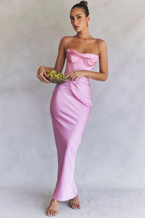 Clothing : Maxi Dresses : 'Charmaine' Pink Corset Maxi Dress Night Wedding Guest Dress, Dress Lining, Vestidos Color Rosa, Maxi Bodycon Dress, Women's Robe, Backless Maxi Dresses, Satin Maxi, Cowl Neckline, Satin Maxi Dress