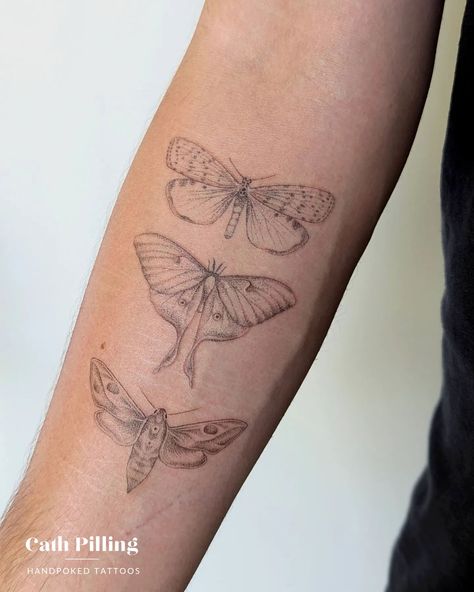 The bottom moth is freshly tattooed, the others are healed with a little top up on some of the edges of the wings. Thanks for coming back Harry! #handpoke #handpokedtattoo #mothtattoo #delicatetattoo #finelinetatattoo #contemporarytattoo Moth Tattoo Fine Line, Fine Line Moth Tattoo, Moth Wings Tattoo, Small Moth Tattoo, Tattoo Papillon, Moth Tattoos, Moth Tattoo Design, Framed Tattoo, Handpoke Tattoo