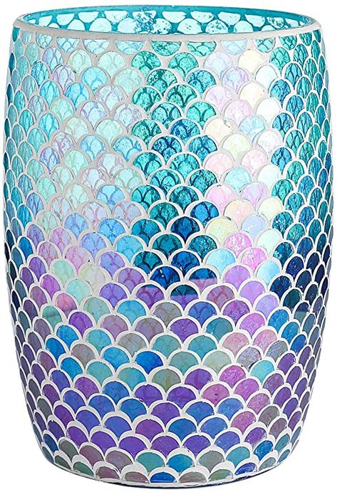 Whole Housewares Bathroom Wastebasket - Glass Mosaic Decorative Trash Can Dia 7.5" H 10" (Fan Shape) Teal Room Decor, Teal Rooms, Large Flower Vases, Bathroom Waste Basket, Mermaid Bedroom, Mermaid Bathroom, Bathroom Trash Can, Coastal Bathrooms, Mosaic Pieces