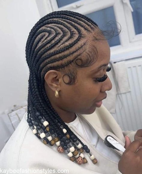 Best Short Hairstyles With Attachment For Ladies in 2024 - Kaybee Fashion Styles Short Alicia Keys Braids, Alicia Keys Cornrows Natural Hair, Alicia Keys Braids 2023, Short Alicia Keys Braids With Beads, Short Weaving Hairstyles, Trending Cornrows 2024, Alicia Keys Cornrows Braids, Alicia Keys Braids 2000s, All Back With Beads