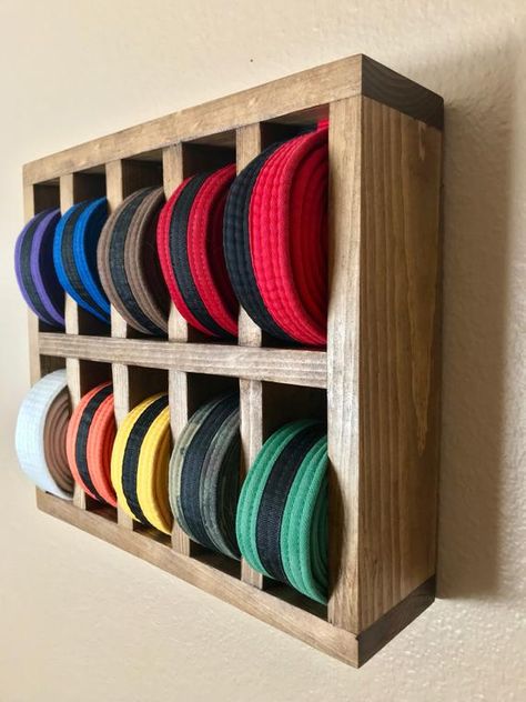 Karate Belt Display Diy, Belt Display Diy, Jiu Jitsu Belt Display, Martial Arts Belt Rack, Karate Belt Holder, Karate Aesthetic, Martial Arts Belt Holder, Taekwondo Belt Display, Karate Belts