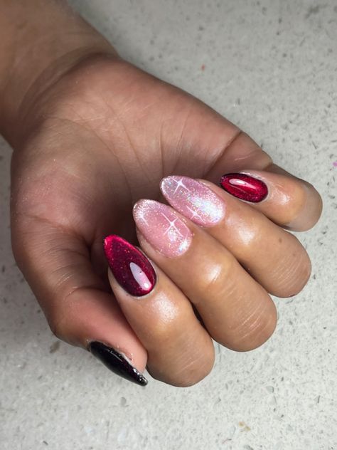 Valentine’s Day Cat Eye Nails, Red And Silver Cat Eye Nails, Valentines Cateye Nails, Flower Cat Eye Nails, Dark Pink Cat Eye Nails, Valentines Cat Eye Nails, Cat Eye Jelly Nails, Christmas Cat Eye Nails, Red Cat Eye Nails Design