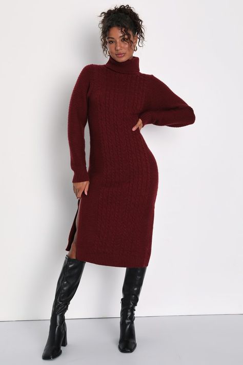 Jumper Dress Outfit Winter, Red Jumper Dress, Dress Boots Outfit, Jumper Dress Outfit, Red Knit Dress, Sweater Midi Dress, Cable Knit Turtleneck, Cable Knit Dress, Red Sweater Dress