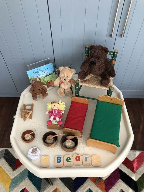 Goldilocks and the 3 bears tuff tray Bears Eyfs, Boys Nursery Ideas, Three Bears Activities, Bear Activities, Tuff Tray Ideas Toddlers, Story Sack, Tuff Spot, Eyfs Classroom, Fairy Tale Theme