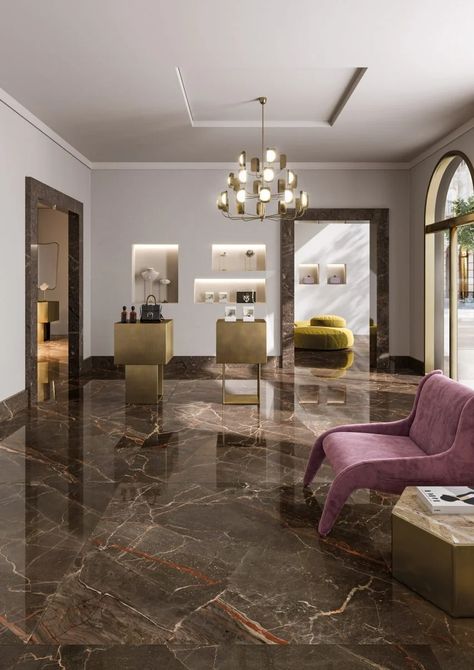 Tiles from Ceramiche Keope feature on Dezeen Showroom Brown Tiles Floor Living Room, Living Room Design Brown, Marble Tiles Living Room, Marble Floor Living Room, Tiles For Living Room Floor, Marble Living Room, Tiles Living Room, Marble Flooring Design, Tile Floor Living Room