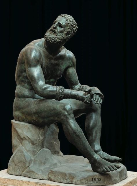 Seated boxer, bronze with cuts inlaid with copper, 3rd-2nd century B.C. Seated Boxer, Hellenistic Sculpture, Arts Aesthetic, History Mysteries, Ap Art History, Ancient Mediterranean, Roman Sculpture, Greek Sculpture, Greco Roman