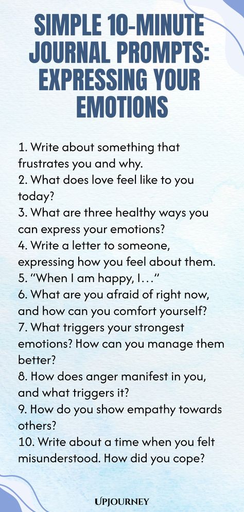 Explore your emotions with these simple and effective 10-minute journal prompts. Let your thoughts flow freely as you express and reflect on how you truly feel. Taking time for yourself is essential for self-care and personal growth. Start journaling today to prioritize your emotional well-being! Daily Emotion Journal, Journal Prompts Christian, Self Journal Ideas, How To Start Journaling, Self Therapy Journaling, How To Journal, Psychology Terms, Deep Conversation Topics, Journal Questions