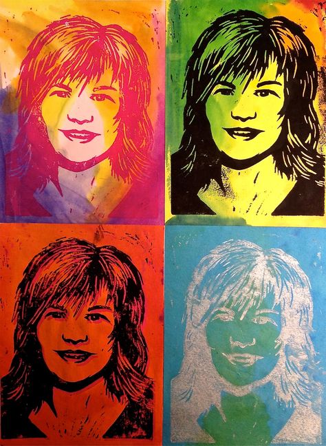 Pop Art Self-Portrait Warhol Printmaking Lesson - Create Art with ME Linoleum Printmaking, Printmaking Projects, Self Portrait Art, 8th Grade Art, Linoleum Block Printing, 6th Grade Art, 5th Grade Art, Self Portraits, Pop Art Portraits