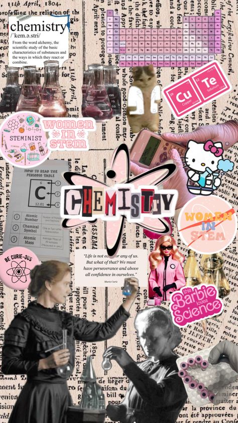 Chemistry Scrapbook Ideas, Chemical Engineering Art, Chemistry Major Aesthetic, Chemistry Aesthetic Cover Page, Chemistry Girl Aesthetic, Chemical Engineering Wallpaper, Pink Science Aesthetic, Chemistry Collage, Chemistry Cover Page