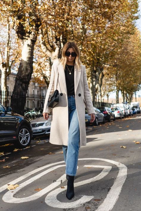 White Touches to Winter - FashionActivation #winterootd #winterstyle #outfitideas Winter Outfits Long Coat, Outfits Long Coat, Blue Jeans Outfit Winter, Beige Coat Outfit, White Coat Outfit, Light Blue Jeans Outfit, Coat Outfit Casual, Long Coat Outfit, Winter Coat Outfits