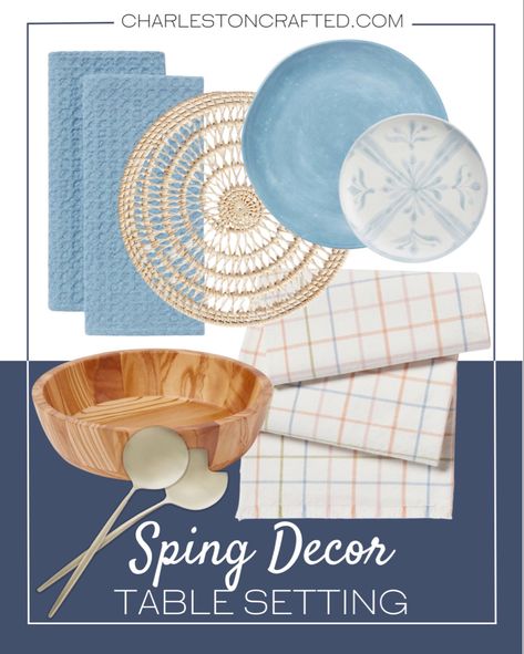 Spring table setting includes a pastel plaid table runner, tile stone wear salad plates, blue dinner plates, rattan round placemats, light blue kitchen towels, wooden serving bowls, and gold serving utensils. Home decor, kitchen decor, table setting, table scape, spring kitchen decor, spring table scape Follow my shop @CharlestonCrafted on the @shop.LTK app to shop this post and get my exclusive app-only content! #liketkit #LTKunder50 #LTKstyletip #LTKhome @shop.ltk https://liketk.it/42rHB Spring Kitchen Decor, Light Blue Kitchens, Pastel Plaid, Blue Dinner Plates, Beige Kitchen, Spring Table Settings, Spring Table, Blue Kitchens, Serving Utensils