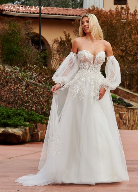 Wedding dresses, bridal gowns, women fashion Plunge Corset, Detachable Puff Sleeves, Detachable Train Wedding Dress, Allure Romance, Tulle Applique, Rachel Allan Prom Dresses, Bella Bridal, Train Wedding Dress, Bridal Theme