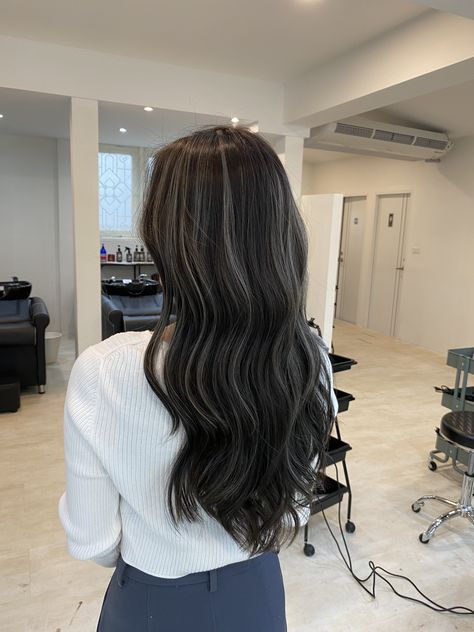 Black Hair With A Peekaboo, Highlight Peekaboo Hair, Dark Brown Hair Black Lowlights, Grey Toned Balayage, Black Hair Highlights Ideas Asian, Black Layered Hair With Highlights, Cool Tone Brown Highlights On Black Hair, Grey Extensions On Black Hair, Greyish Highlights On Dark Hair