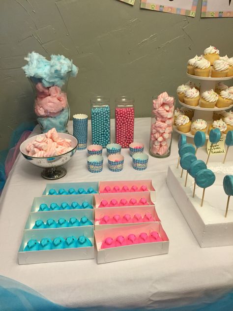 Gender Reveal Sweets Table, Gender Reveal Treat Table, Gender Reveal Sweets, Gender Reveal Dessert, Gender Reveal Diy, Treat Table, Sweets Table, Gender Party, Gender Reveal Decorations