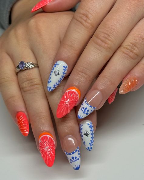 IG: @Thxsyd Clase Azul Nails French, American Dream Quotes, Mexican Style Nails, Rocker Nails, Azul Nails, Nails Fruit, Fruit Nail Designs, Fruit Nails, Fruit Nail