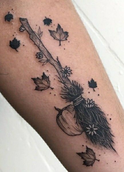 Witches Broom Tattoo, Witch Broom Tattoo, Bat Tats, Broom Tattoo, Pumpkin Tattoo, Tribute Tattoos, Autumn Tattoo, Witches Broom, Minimal Tattoo Design