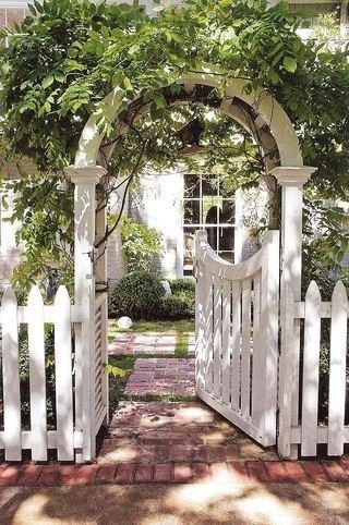 Farmhouse Fence, Wisteria Pergola, Garden Gates And Fencing, Pergola Garden, Pergola Design, Front Yard Fence, Garden Arbor, White Picket Fence, Backyard Pergola