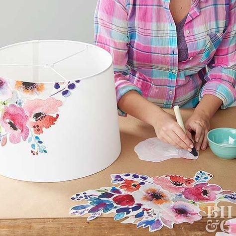 . Fabric Decoupage, Diy Hanging Shelves, Lampshade Makeover, Decoupage Diy, Watercolor Fabric, Dekor Diy, Diy Lamp Shade, 자수 디자인, Mason Jar Crafts