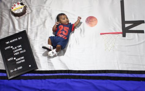 Sports themed baby photoshoot.              #babyphotoshoot #babyphotography #diyphotoshoot #monthlybabyphotoshoot #babyboy #twomonthbabyphotoshoot #photoshootathome #flatlay #babyboy #mumma’sboy #basketballbaby Basketball Baby Pictures, Themed Baby Photoshoot, Baby Photoshoot At Home, Monthly Photoshoot, Photoshoot At Home, Baby Boy Birth Announcement, Baby Boy Newborn Photography, Basketball Baby, Basketball Theme