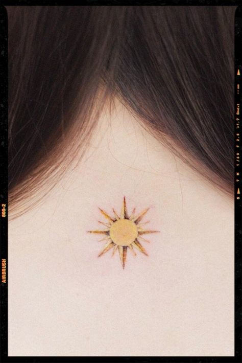 TATTOOS Colored Sun Tattoo, Sun Tattoo Color, Yellow Tattoo Ink, Colorful Tattoo Ideas, Tattoo Sizes, Yellow Tattoo, Small Colorful Tattoos, Colorful Grunge, Black And Gray Tattoos