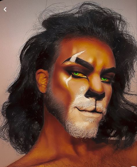 Scar Make Up Lion King, Scar Disney Makeup, Beast Make Up Disney, Lion Inspired Makeup, Lion Makeup Man, Halloween Costumes With Locs, Drag Halloween Costume, Scar Makeup Lion King, Halloween Makeup For Men With Beards