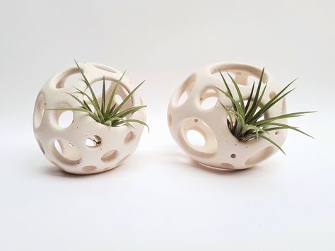 Ceramic Air Plant Holder | Handmade White Pot | Hanging Tillandsia OOAK Planter | + air plant | READY to SHIP Plant Wall Hanger, Air Plant Wall, Airplant Wall, Pottery Display, Geometric Sculpture, White Pot, Air Plant Holder, Ceramics Ideas Pottery, Vase Design