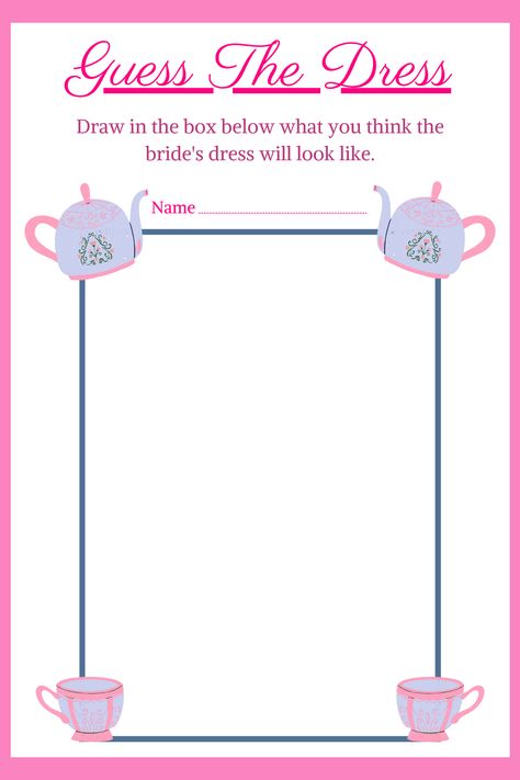 This printable afternoon tea hen party/bridal shower guess the dress game gets all your guests involved where they can draw what they think the bride's dress will look like. They will have to wait until the big day to see if they were right. Your PDF will include an A4 size and a US letter size. THIS IS A DIGITAL PRODUCT, NO PHYSICAL ITEM WILL BE SHIPPED. Afternoon Tea Hen Party, Guess The Dress, Hen Party Games, Summer Afternoon, Game Printable, Dress Drawing, Game Dresses, Party Game, Hen Party