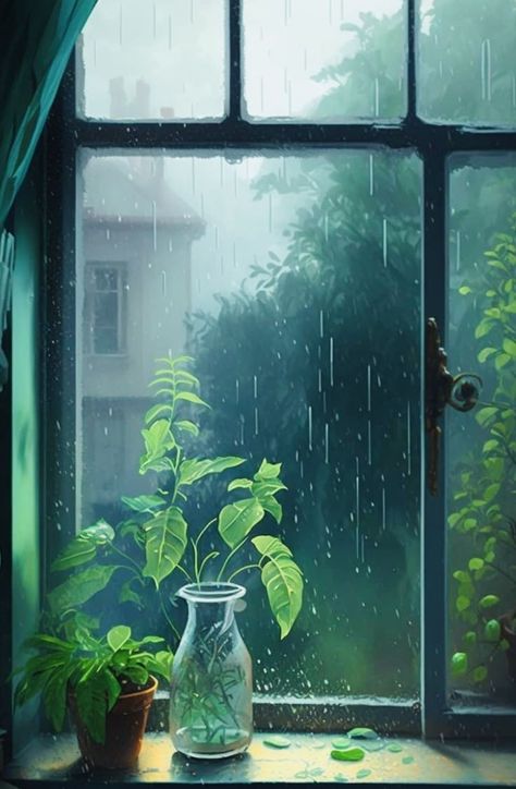 Rainy Art Aesthetic, Rainy Day Canvas Paintings, Rainy Window Drawing, Rain Illustration Rainy Days, Rainy Window Painting, Rainy Day Painting Acrylic, Rainy Illustration, Draws Aesthetic, Raindrop Drawing