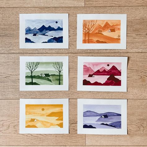 Because 1 drawing challenge isn’t enough… this week I participated in @oficinacaracolinho’s Colour week! 💙💚💛🧡❤️💜 I decided to do the challenge as a series of these little landscape scenes using only one watercolour mix for each day I had a lot of fun all week and learnt lots about colour mixing and getting the water<>paint balance how I wanted it to be I will admit I struggled to mix an orange for a good 10 minutes 🧡👀 Which one is your favorite? - #colourweekchallenge #watercolour #art... Watercolour For Kids, Monotone Painting, Watercolour Painting For Beginners, Watercolour Challenge, Watercolor Painting For Beginners, Beginners Painting, Water Paint, Cut Out Art, Colour Mixing