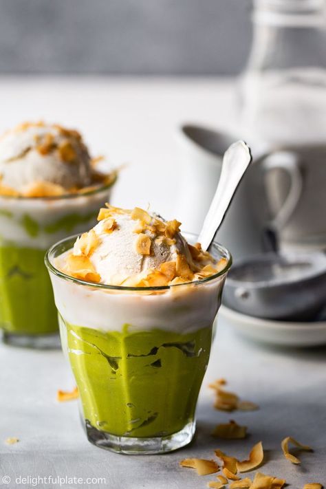 Vietnamese Avocado Mousse Ice Cream (Kem Bo) is rich, creamy and quick and easy to make. It is a popular street food snack in Danang, Vietnam. This tasty and healthy Asian dessert features ripe avocados, ice cream, coconut milk and toasted coconut flakes. The recipe is vegan and dairy-free. #vietnamese #dessert #avocado #mousse #icecream Ice Cream Coconut Milk, Ice Cream Coconut, Vietnamese Desserts, Vietnamese Dessert, Avocado Dessert, Danang Vietnam, Avocado Ice Cream, Avocado Mousse, Chinese Dumplings