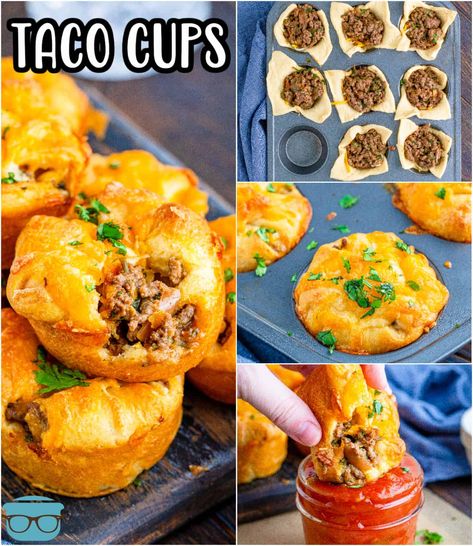 These Crescent Taco Cups combine taco meat, cheese and crescent dough to make a fun and flavorful dish you can't resist. Perfect for a fun dinner or appetizer! Muffin Taco Cups, Taco Cups Crescent Rolls, Taco Meat Crescent Rolls, Taco Biscuit Cups, Crescent Taco, Taco Crescent Rolls, Taco Braid, Rv Snacks, Crescent Cups