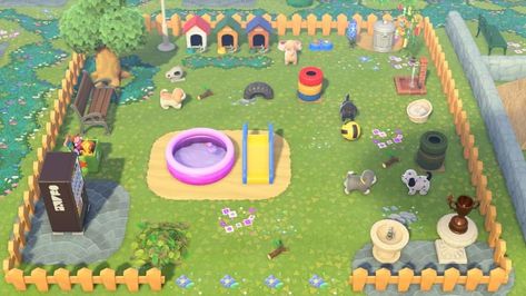 Animal Crossing Skatepark, Animal Crossing Playground Ideas, Acnh Parking Lot Code, Acnh Dog Park, Dog Park Design, Animal Crossing Music, Animal Crossing Cats, Puppy Playground, Acnh Kidcore