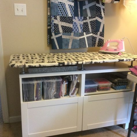 I am so excited about finishing my new ironing station.  I had previously posted about an ironing station that was in progress using an IKEA tv stand.  It is the BESTA TV b… Iron Stand Design, Bench Decor Ideas, Stand Design Ideas, Ironing Board Storage, Diy Ironing Board, Ikea Tv Stand, Ironing Station, Portable Iron, Ikea Tv