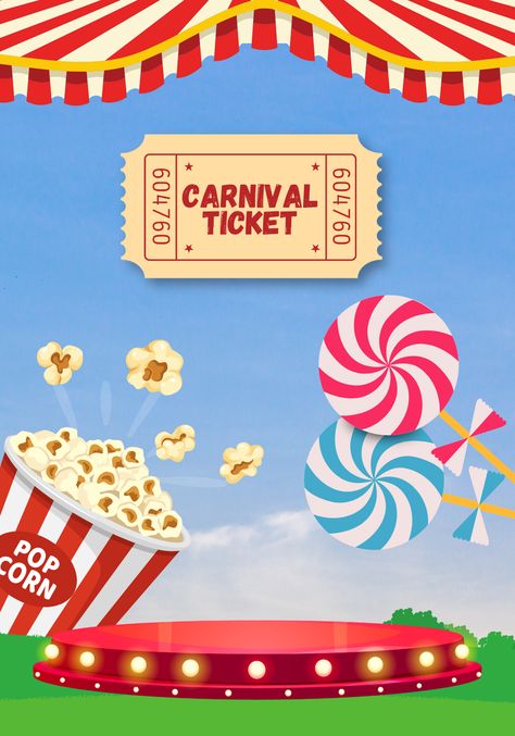 A vibrant carnival-themed image featuring a carnival ticket, popcorn, candy, and a colourful stage backdrop, evoking a festive atmosphere. Carnival Tickets, Colorful Decorations, Carnival Posters, Carnival Themed Party, Memories With Friends, Festival Flyer, Party Organization, Carnival Festival, Carnival Themes