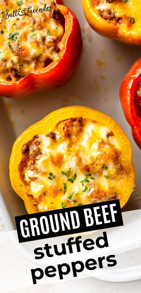 Ground Beef Recipes Stuffed Peppers, Stuffed Pepper Filling Ground Beef, Stuffed Peppers With Beef, Stuffed Bell Peppers With Worcestershire Sauce, Stuffed Pepper For One, Easy Stuff Peppers Recipes, Ground Beef Stuffed Peppers Healthy, Stuffed Peppers With Hamburger And Rice, Best Ever Stuffed Peppers