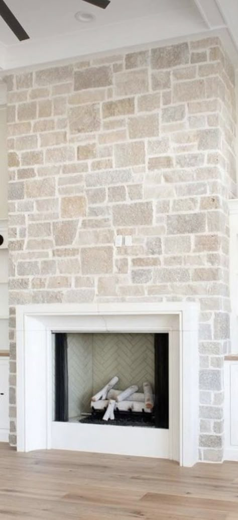 Precast Stone Fireplace, 2 Story Great Room, Overgrouted Stone Fireplace, Fireplace Stone, Florida Living Room, Mcgee Home, Modern Coastal Home, Ranch House Exterior, Stone Interior