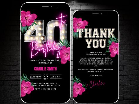 Womens 40th Birthday Video Invitation, Pink Tropical Party Evite, 40 Fiesta Invite, Aloha Luau Birthday BBQ Invite matching Thank You eCard by WhimsicalThingsInc on Etsy Fiesta Invite, Bbq Invite, Birthday Video Invitation, Birthday Bbq, Hawaiian Birthday, Bbq Invitation, 30th Birthday Invitations, 40th Birthday Invitations, Luau Birthday