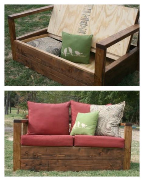 Diy Outdoor Sofa With Storage, Outdoor Sofa With Storage, Diy Porch Seating, Outdoor Loveseat Diy, Diy Outdoor Loveseat, Homemade Couch, Diy Outdoor Couch, Patio Organization, Farm Table With Bench