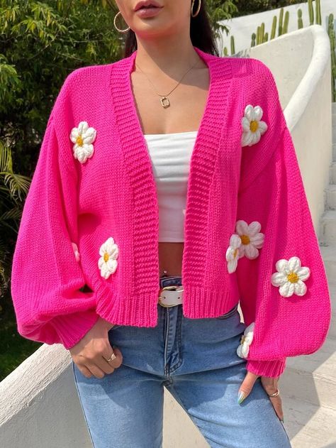 Cardigan Sweater Pattern, Cardigan Rosa, Classy Jumpsuit, Bodycon Dress Casual, Flower Sweater, Cropped Cardigan Sweater, Cardigan Sweater Coat, Floral Cardigan, Floral Crochet