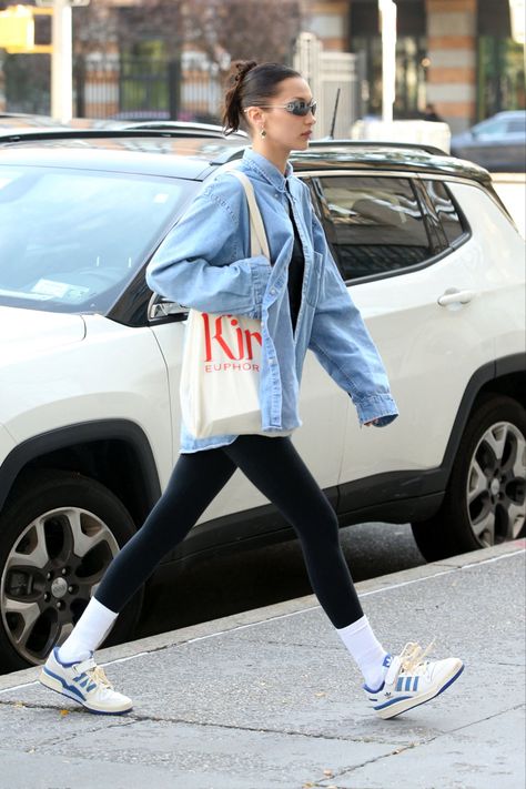 Low Sneakers Outfit, Blue Adidas Shoes, Nyc October, Adidas Outfit Shoes, Adidas Forum Low, Celebrity Shoes, Forum Low, Bella Hadid Outfits, Adidas Forum