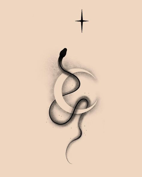 Snake Tattoo Dotwork, Raven Snake Tattoo, Hellish Tattoo, Cobra Back Tattoo, Snake And Moon Tattoo, Cute Snake Tattoo, Moon And Snake, Tattoo Cobra, Snake Sketch