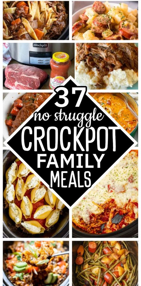 37 No Struggle Crock Pot Family Meals and Simple Dump Dinners - cheap dinners for a family budget weekly meals menu planning easy dump and go crockpot meals easy low mess dinner easy crockpot dinner recipes for family with kids Crockpot Dinners On A Budget, Cheap Simple Crockpot Meals, Easy Crockpot Recipes For Family, Fast Family Meals Easy Dinners, Family Meals With Leftovers, Long Crockpot Meals, Recipes That Make A Lot Of Food, Family Crock Pot Recipes, Five Ingredients Or Less Crockpot Meals