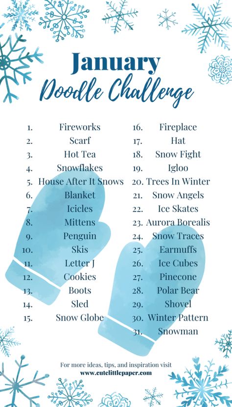 January Doodle Challenge Doodle Challenge January, Oodles Of Doodles Challenge, January Drawing Challenge, January Doodles, Artist Prompts, Sketchbooks Inspiration, Doodle Challenge, January Art, 30 Day Art Challenge