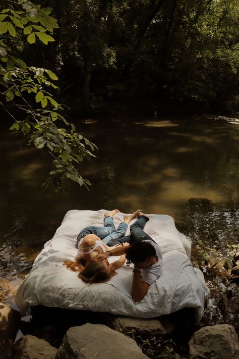 Couple waterbed photoshoot Floating Air Mattress Photoshoot, Mattress In Water Photoshoot, Couples In The Rain, Air Mattress Photoshoot, Mattress Photoshoot, Lake Couple, Couples Shoot Ideas, Water Photoshoot, Lake Photoshoot