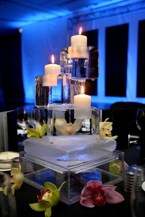 Ice sculptures as centerpieces with candles, adds a unique and classy touch. Ice Sculpture Wedding, Ice Theme, Ice Party, Candle Fire, Gala Ideas, Ice Sculptures, Fire And Ice, Wedding Centerpieces, Event Decor