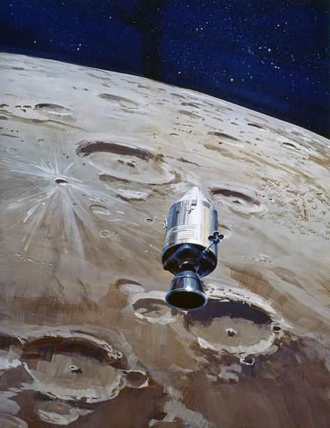 Remembering Apollo 8 - NASA release showing an artist concept of the Apollo 8 spacecraft orbiting the moon. Apollo 9, Spaceship Illustration, Nasa Art, Nasa Space Program, Space Aesthetic, Apollo 13, Apollo Program, Perspective Drawing Architecture, 8bit Art