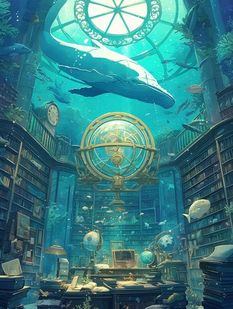 Underwater Library, Atlantis Art, Stream Background, Underwater City, Dreamy Artwork, Fantasy Background, Fantasy Places, Cool Wallpapers Art, Greek Art