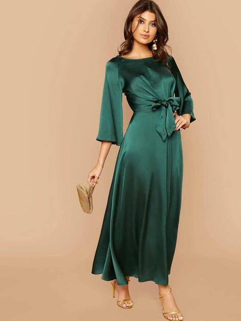 Raglan Sleeve Tie Front Flare Satin Dress | SHEIN USA Casual Silk Dresses, Formal Dresses Australia, Satin Dresses Long Sleeve, Green Satin Dress, Silk Evening Dress, Green Silk Dresses, Dresses Shein, Soiree Dress, Dresses Australia