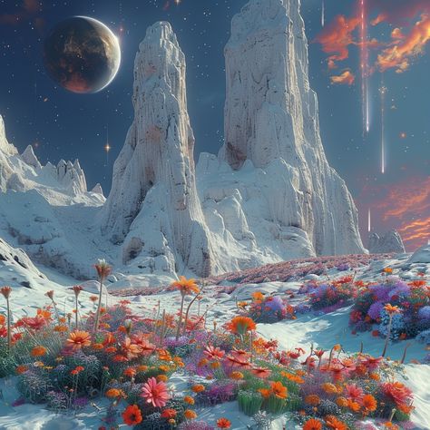 👽️⁠ A surreal landscape of towering white rock formations, covered in snow and surrounded by vibrant flowers on the ground. Above is an alien planet with multiple moons visible in its sky. The scene exudes tranquility and wonder as if it were captured from another world. Hyper realistic in the style of landscape photography --s 750 --v 6.0⁠ ⁠ ⁠ ⁠ #surrealart #landscape #aiimage #aipainting #digitalart #art #aiphoto #artist ⁠ #mountain #sky #scifiartwork #scifi #space #sciencefictionart Sci Fi Planet Landscape, Earth Like Planet Concept Art, Alien Planet Concept Art, Exoplanet Landscape, Landscape From Above, Flowers On The Ground, Surrealist Landscape, Planet Landscape, Alien Planets